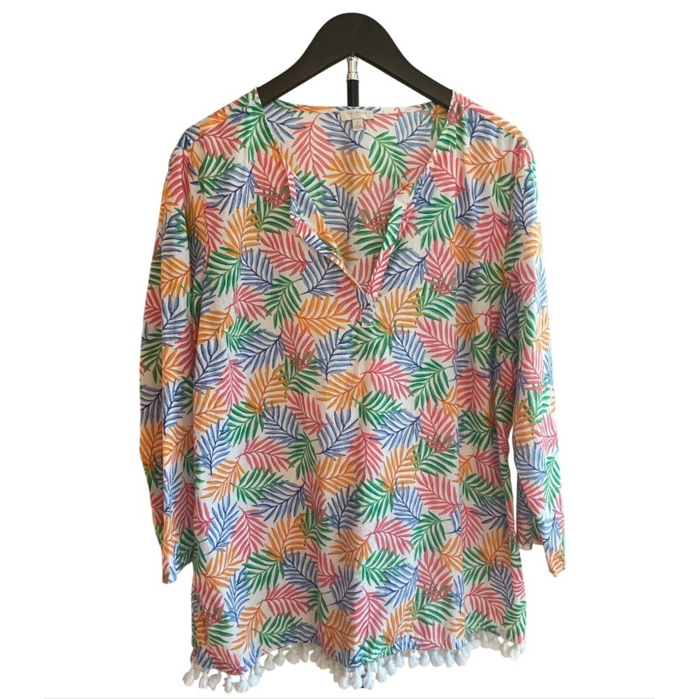 Tropical Palm Leaf Tunic Women's Large Talbots Tassels Beachy Boho Coastal